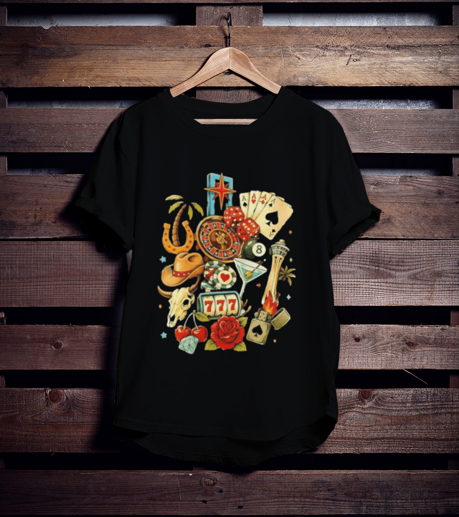 Las Vegas Casino Lucky Seven Poker Ace Of Spades Roulette Dice Palm Tree Horseshoe Rose Martini Skyscraper T-Shirt