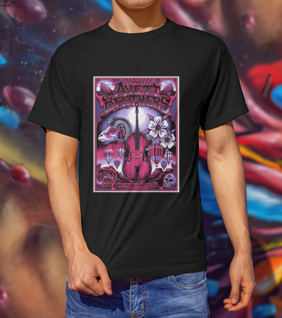 The Avett Brothers Red Rocks Amphitheatre Jul 10 2026 Morrison CO Hot Air Balloons Ram Violin Skull Art Flowers T-Shirt
