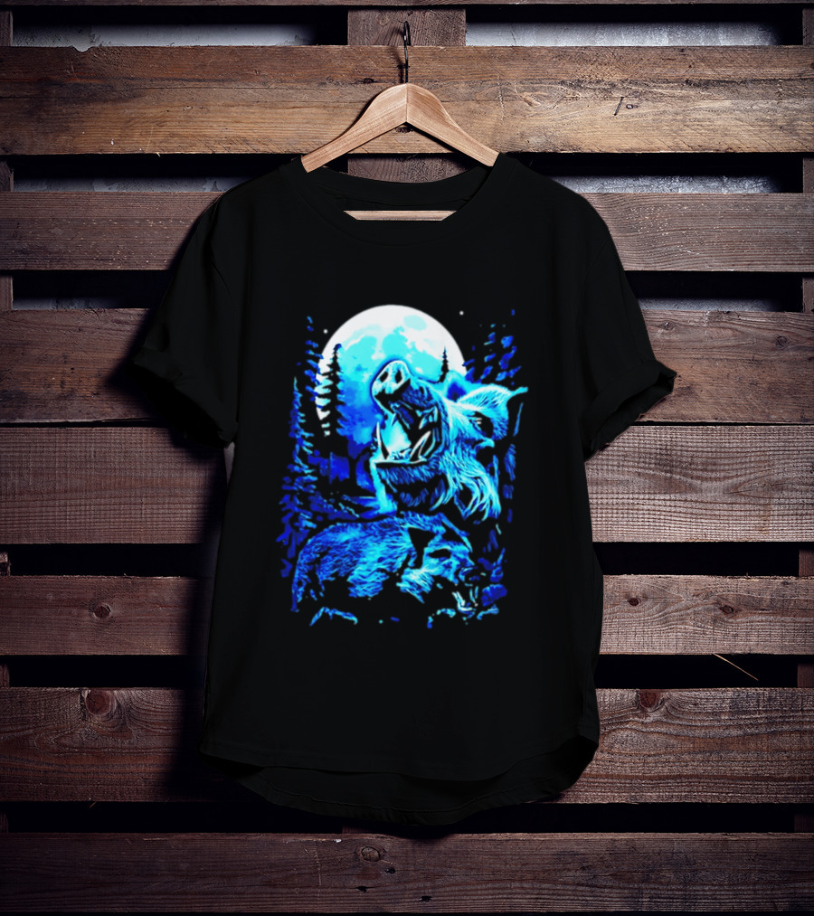 Wild Boar Howling At The Moon Under Mystical Forest Night Sky T-Shirt