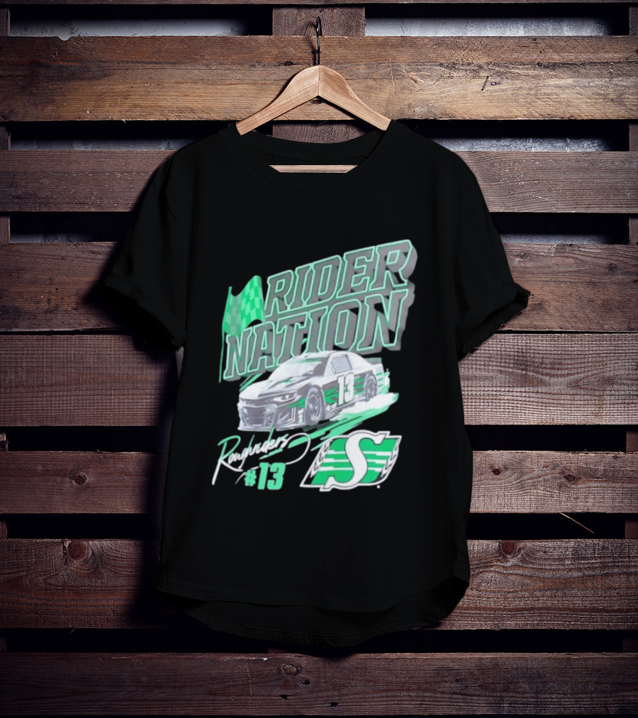 Saskatchewan Roughriders Rider Nation Race Car Number 13 With Team Logo And Flag T-Shirt
