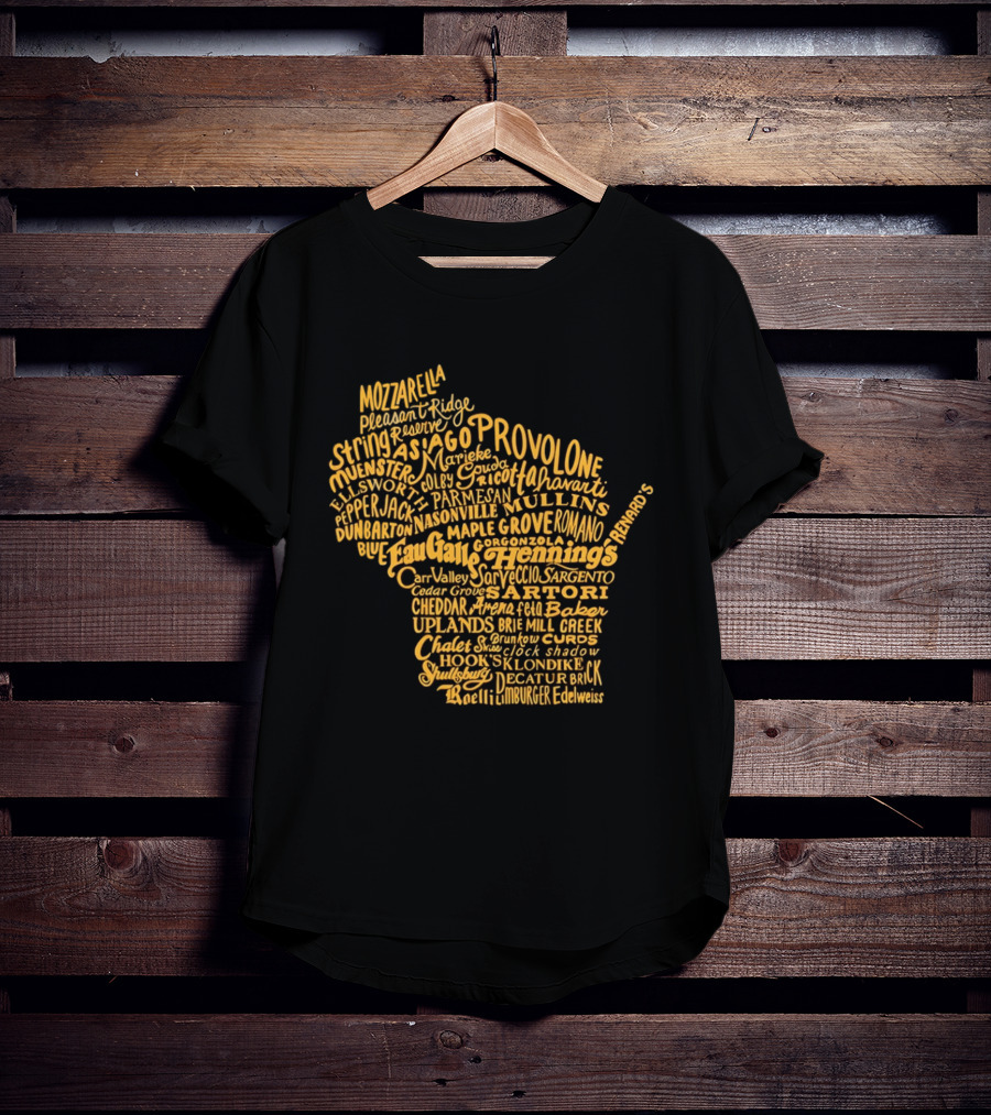 Wisconsin Cheese Map Eau Galle Cheddar Provolone Mozzarella Gouda Asiago Parmigiano Ullands T-Shirt
