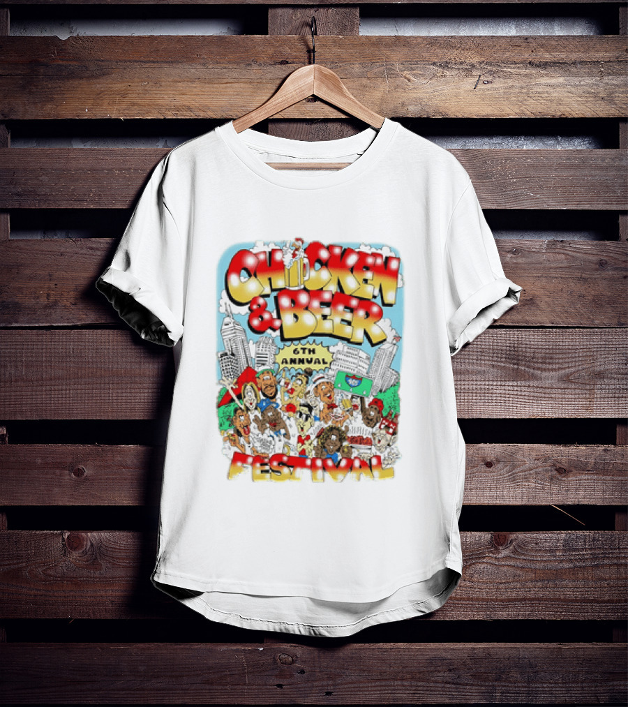 6th Annual Chicken & Beer Festival Indianapolis Cartoon Cityscape Crowd Fun T-Shirt