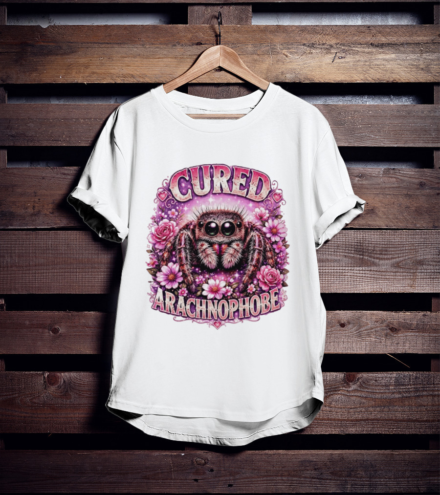 Cured Arachnophobe Jumping Spider Floral Hearts And Flowers T-Shirt