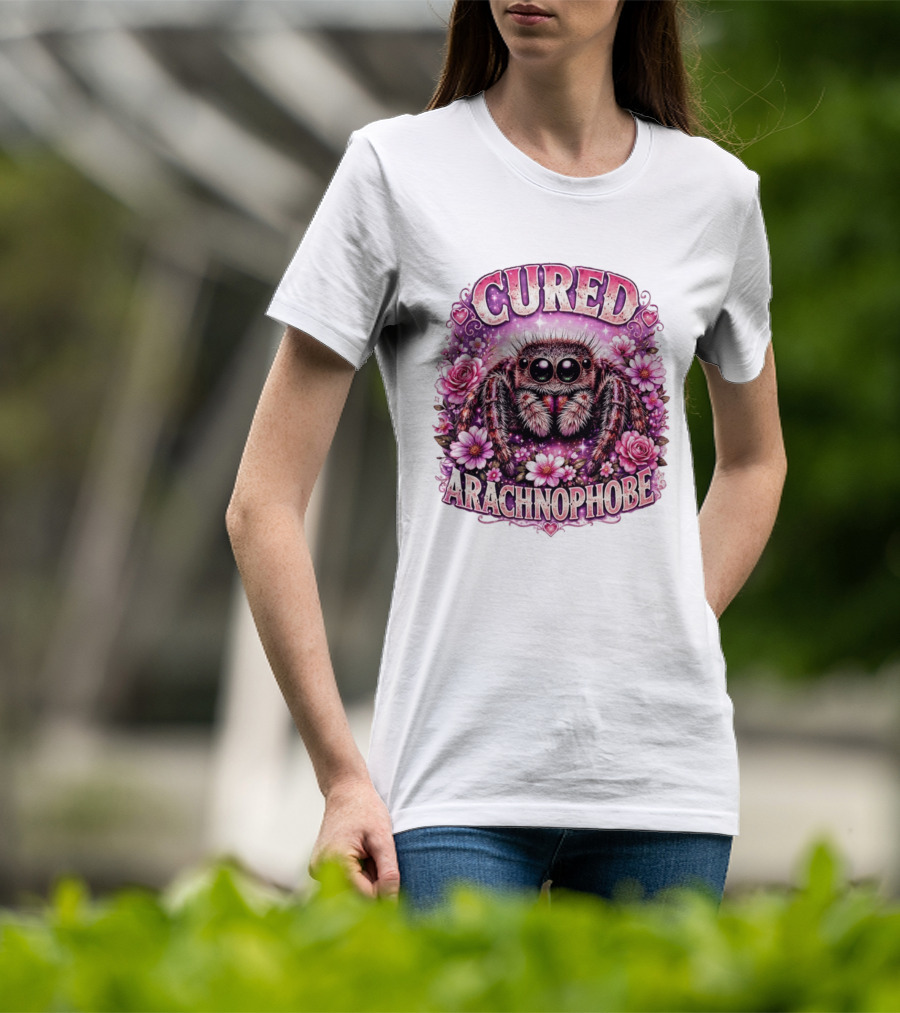 Cured Arachnophobe Jumping Spider Floral Hearts And Flowers T-Shirt