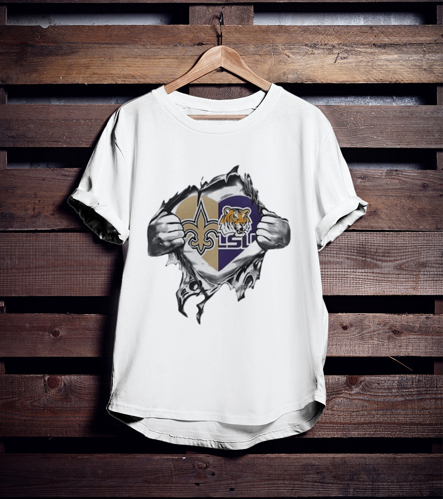 New Orleans Saints LSU Tigers Heart Hands Tearing Fleur De Lis Tiger Head T-Shirt
