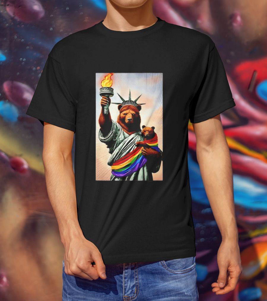 Bear Statues Liberty Rainbow Pride Torch T-Shirt