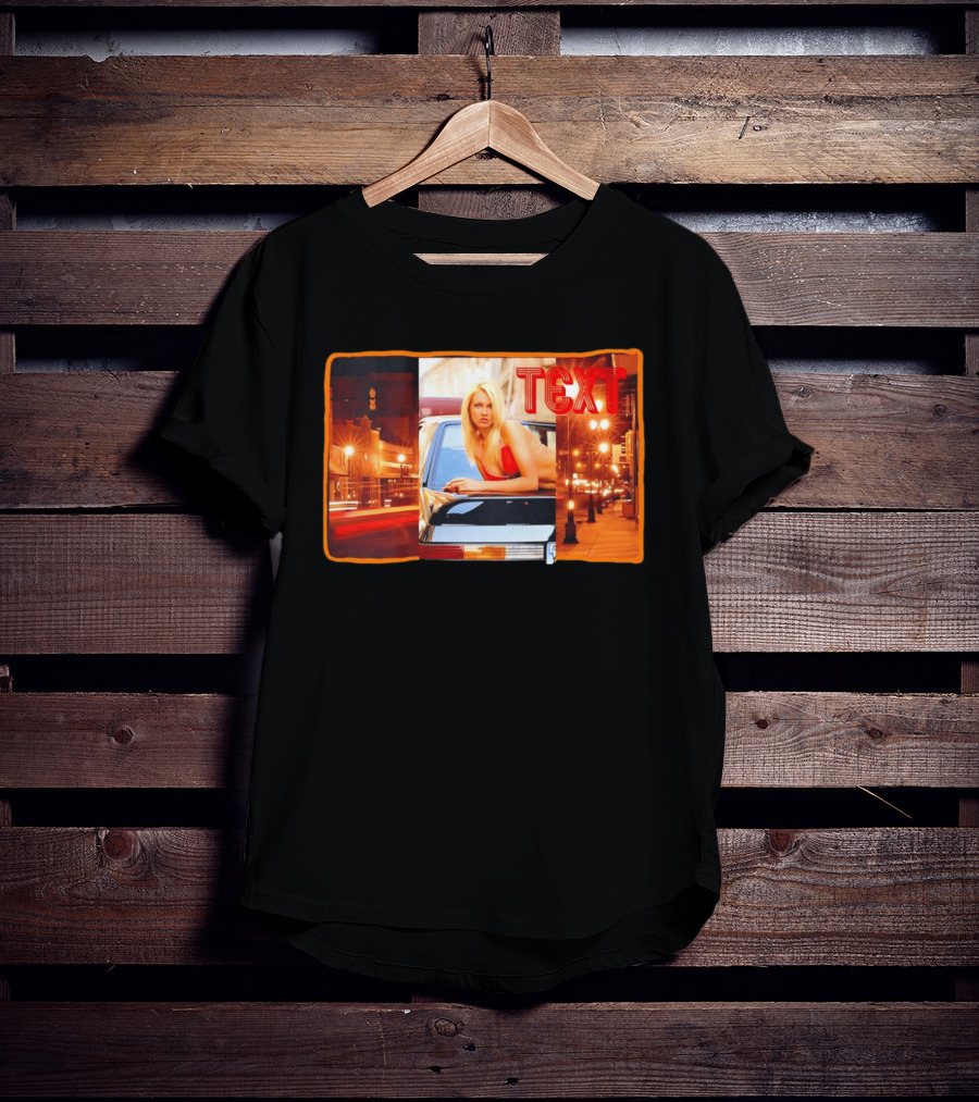 Blonde Woman In Red Bikini Leaning On Car At Night With Neon City Lights T-Shirt