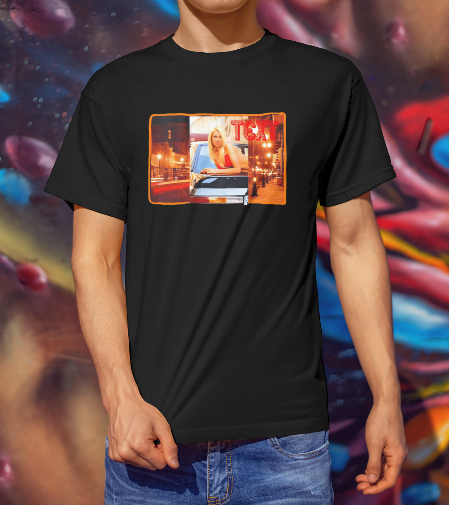 Blonde Woman In Red Bikini Leaning On Car At Night With Neon City Lights T-Shirt