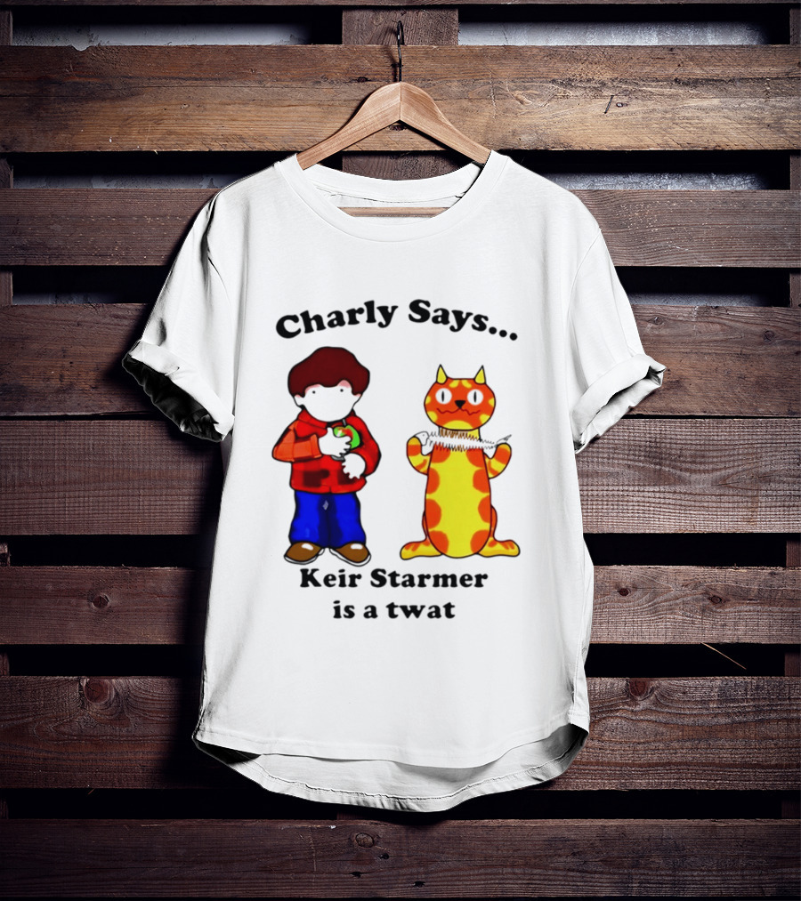 Charly Says Keir Starmer Is A Twat Comic Retro Style Cat And Kid T-Shirt