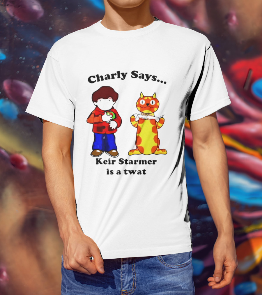 Charly Says Keir Starmer Is A Twat Comic Retro Style Cat And Kid T-Shirt