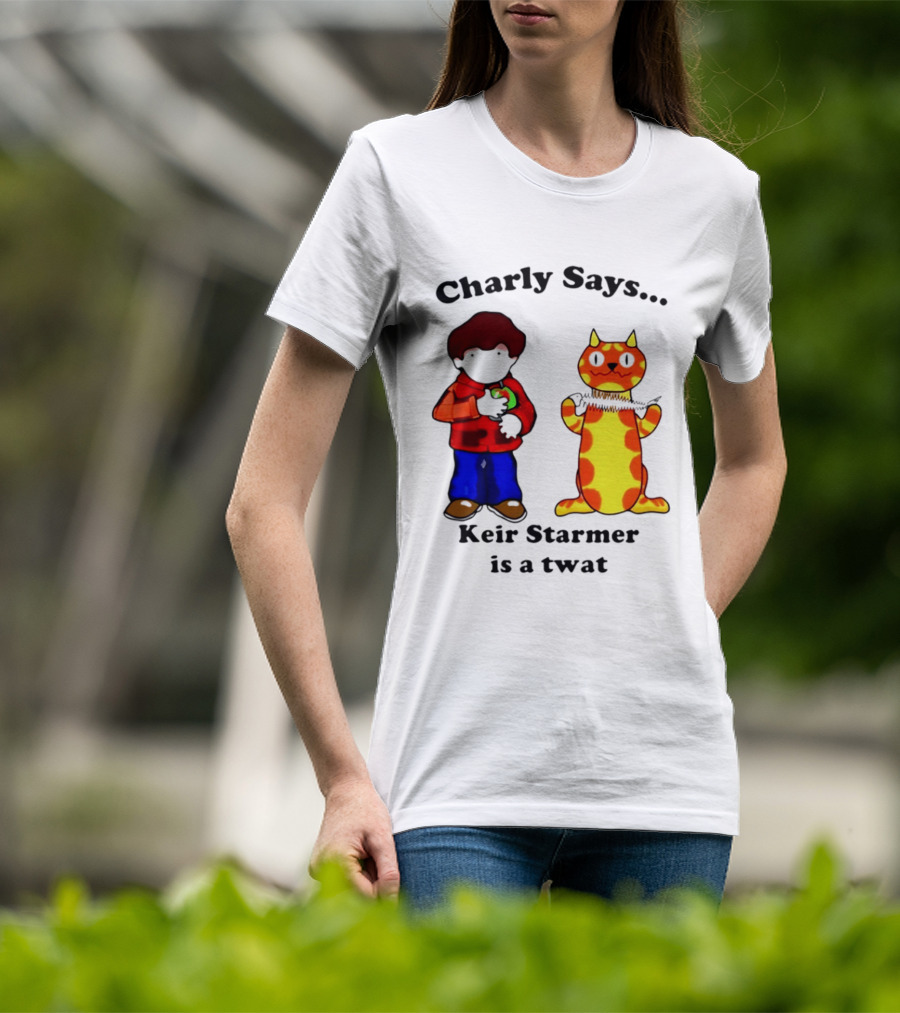 Charly Says Keir Starmer Is A Twat Comic Retro Style Cat And Kid T-Shirt