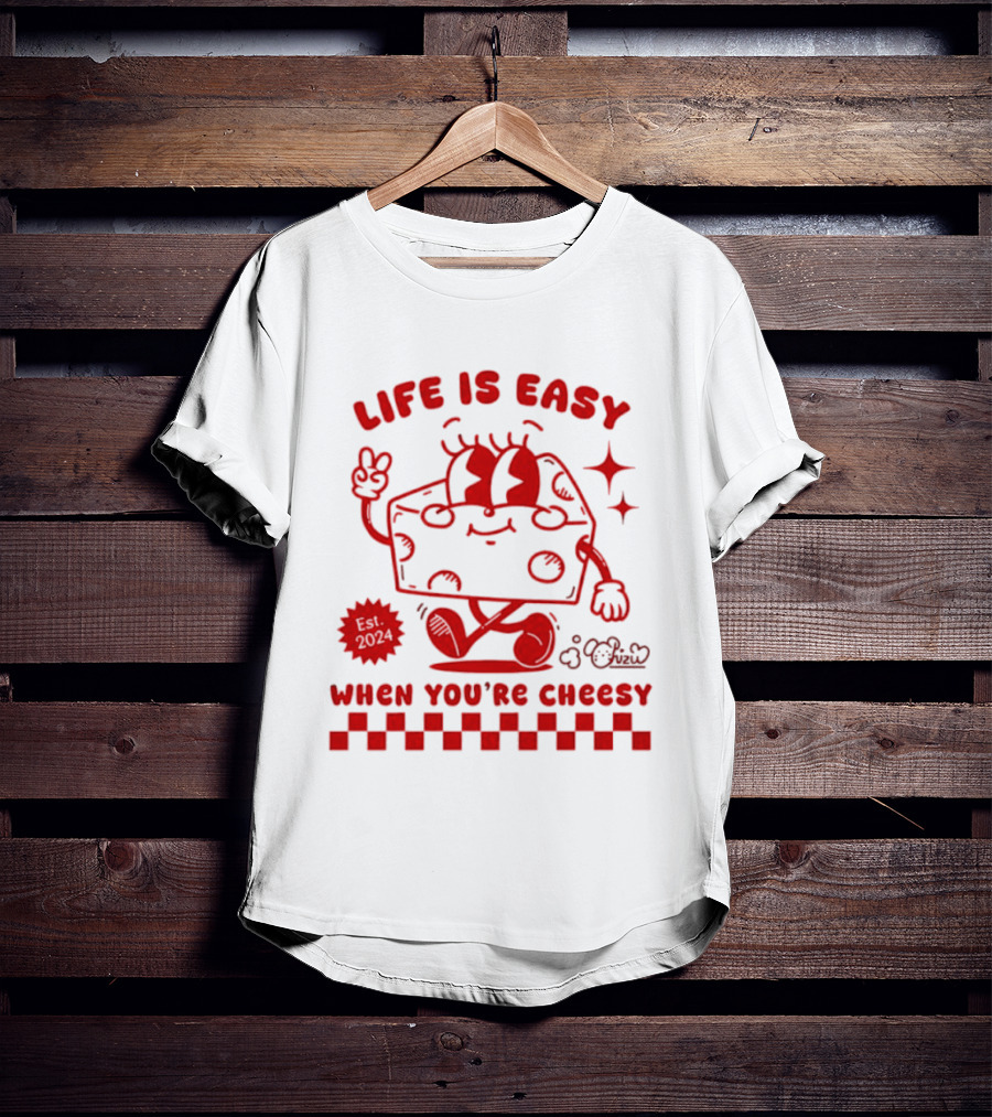Life Is Easy When You're Cheesy Cartoon Cheese Character With Peace Sign And Stars T-Shirt