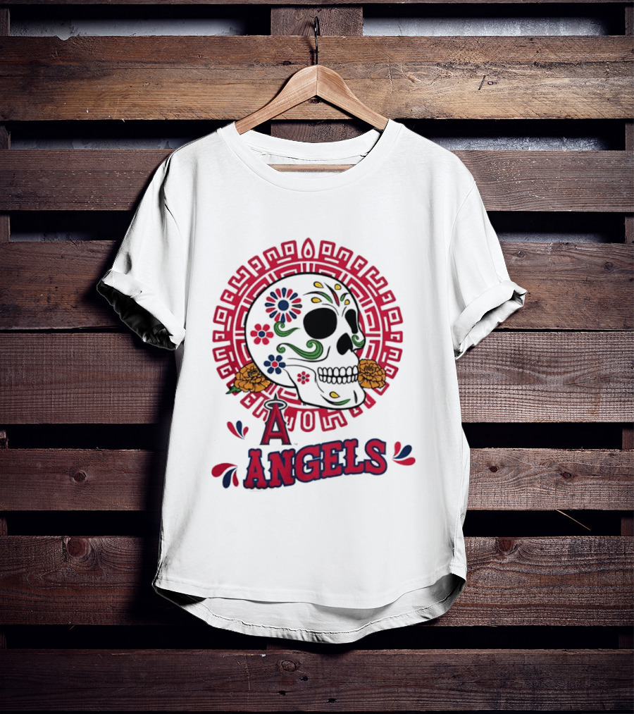 Los Angeles Angels Dia De Los Muertos Sugar Skull Aztec Calendar T-Shirt