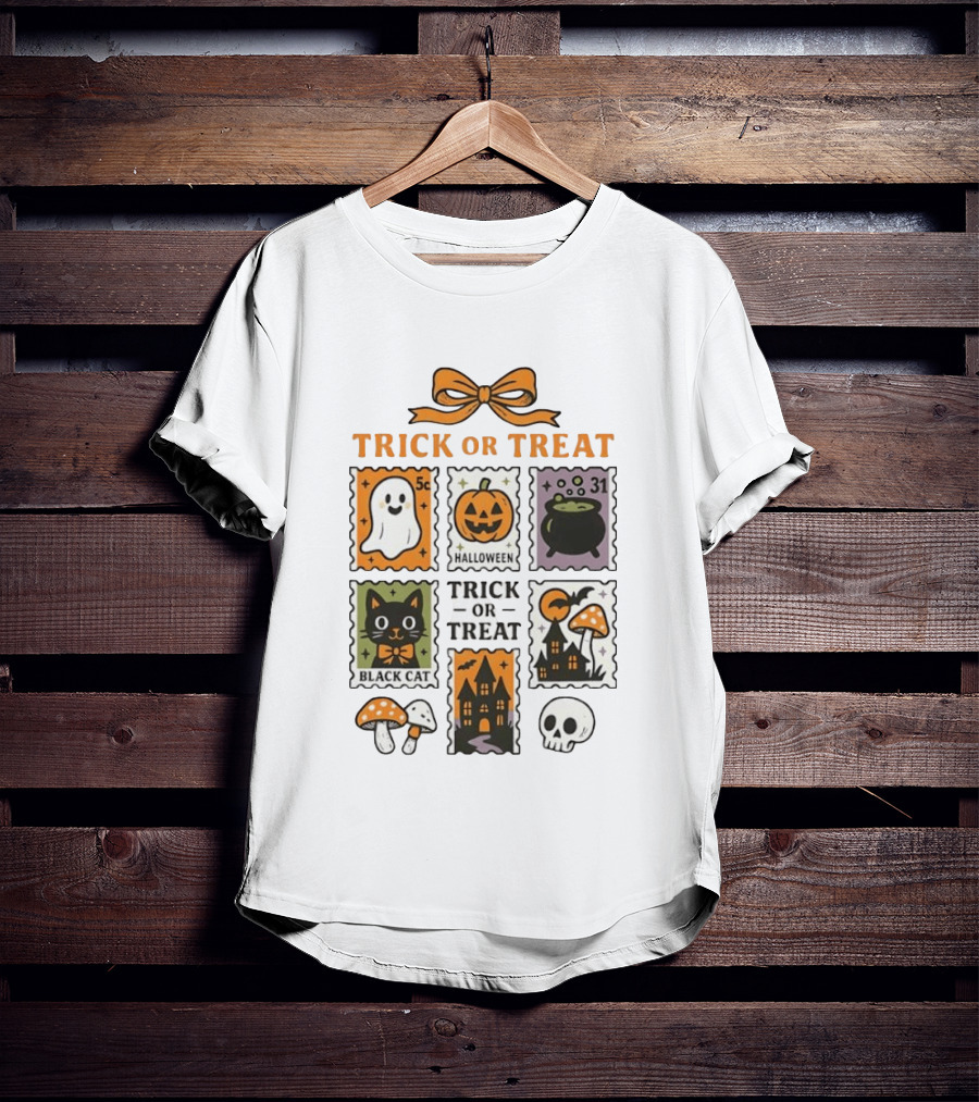Trick Or Treat Halloween Ghost Pumpkin Cauldron Black Cat Haunted House T-Shirt