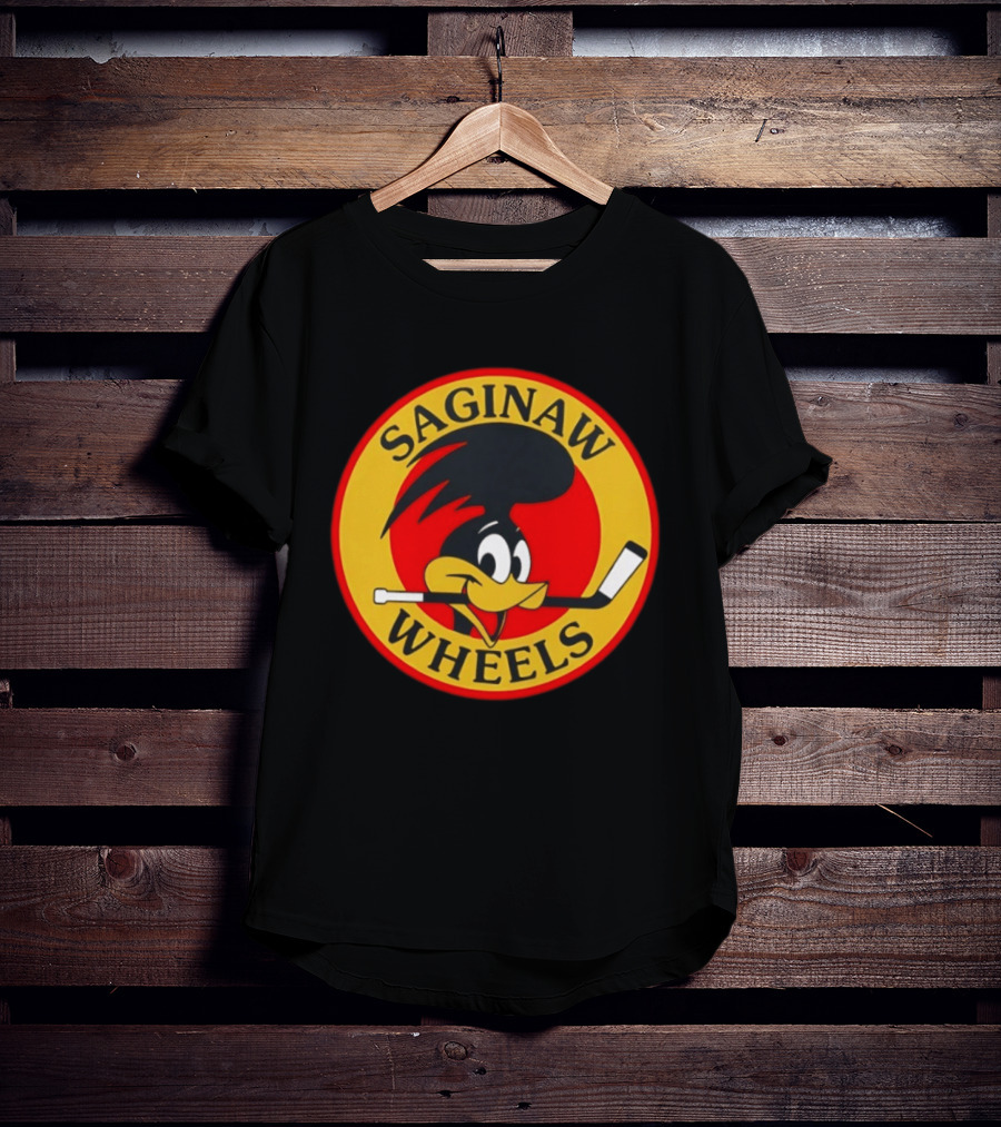 Saginaw Wheels Hockey Cartoon Character With Hockey Stick T-Shirt