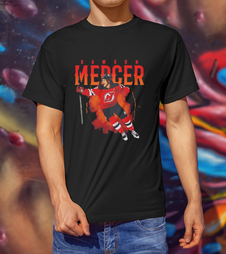 Dawson Mercer New Jersey Devils Celebration Hockey Player Image T-Shirt