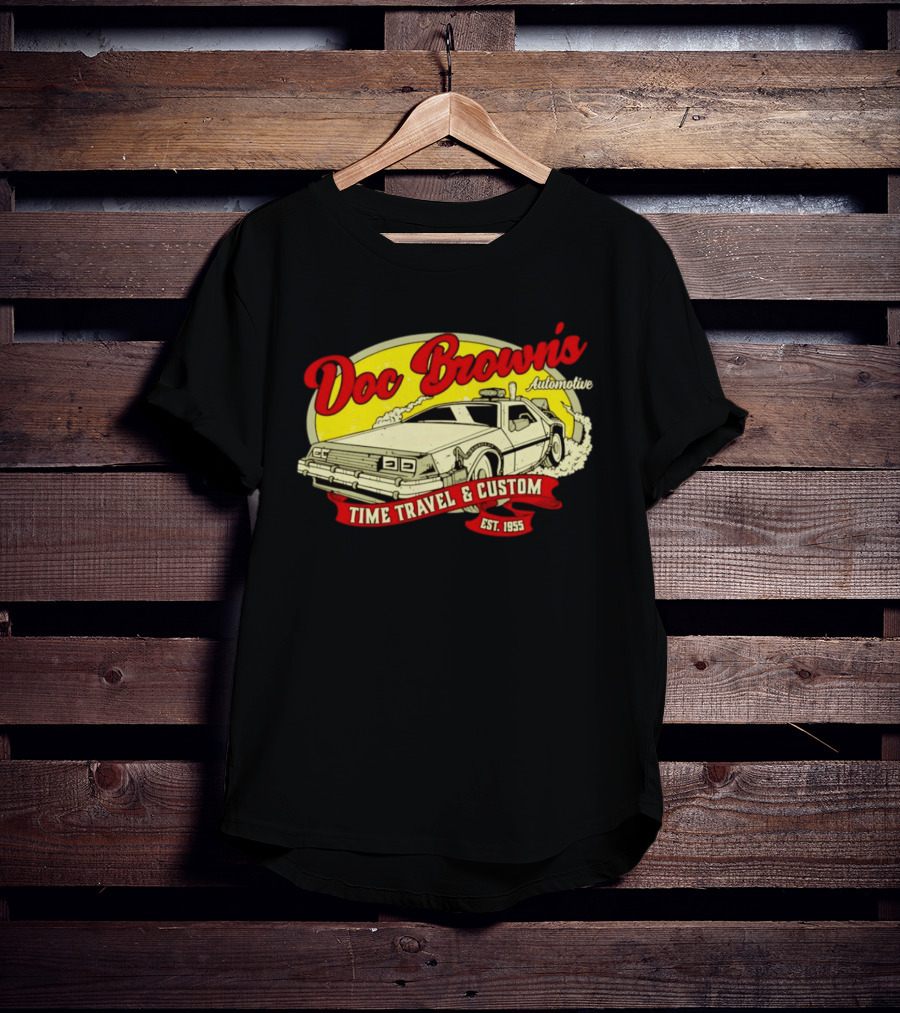 Doc Brown's Automotive Time Travel & Custom Est 1955 Classic DeLorean T-Shirt