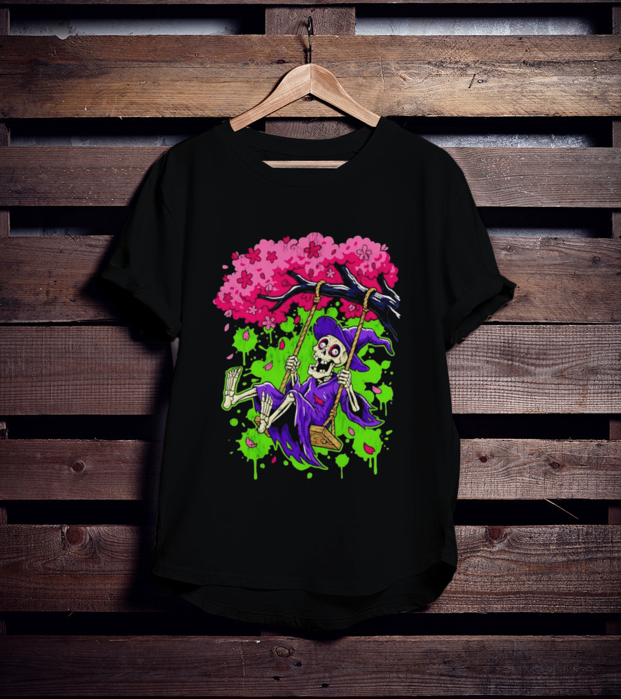Morbid Whimsy Skeleton Witch Swinging Under Cherry Blossom Tree T-Shirt