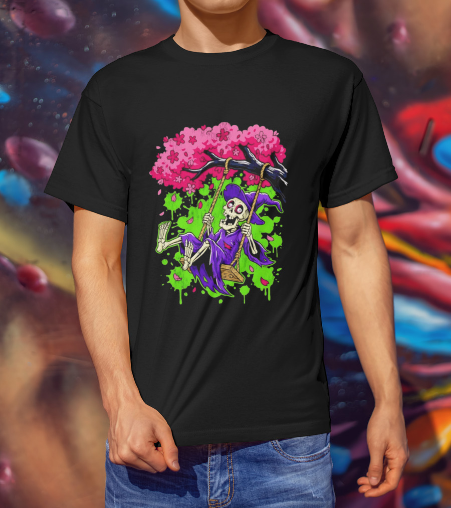 Morbid Whimsy Skeleton Witch Swinging Under Cherry Blossom Tree T-Shirt