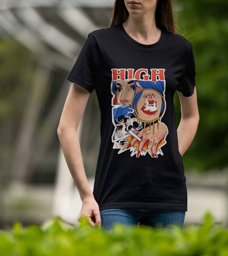 High As Fuck Smoking Skull Woman With Blue Hair And Tattooed Hand T-Shirt