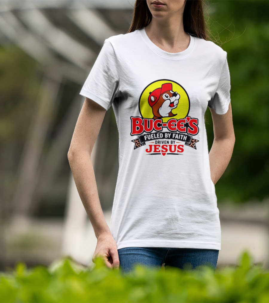 Buc Ee's Fueled By Faith Driven By Jesus Yellow Circle Red Cap T-Shirt