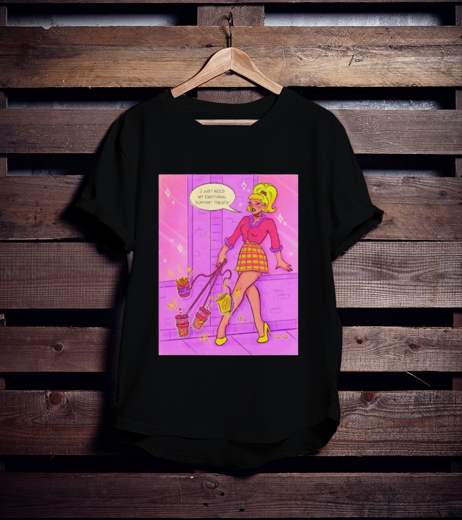 I Just Need My Emotional Support Treats Comic Style Girl With Drinks And Fries T-Shirt