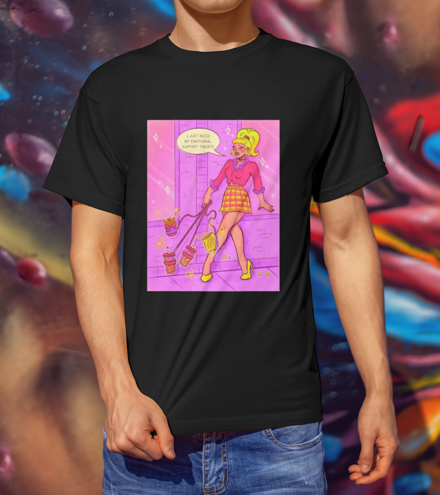 I Just Need My Emotional Support Treats Comic Style Girl With Drinks And Fries T-Shirt