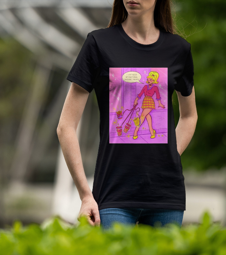 I Just Need My Emotional Support Treats Comic Style Girl With Drinks And Fries T-Shirt