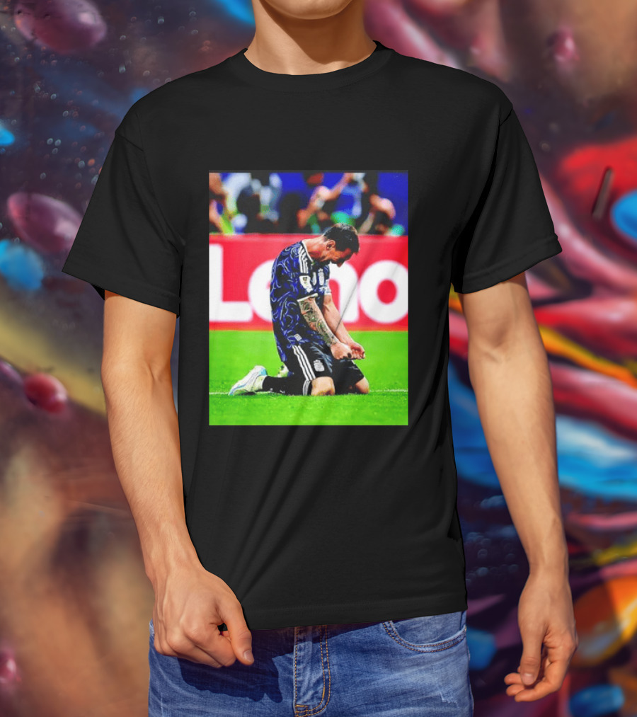 Argentina Football Icon Lionel Messi Kneels In Triumph National Team Victory T-Shirt
