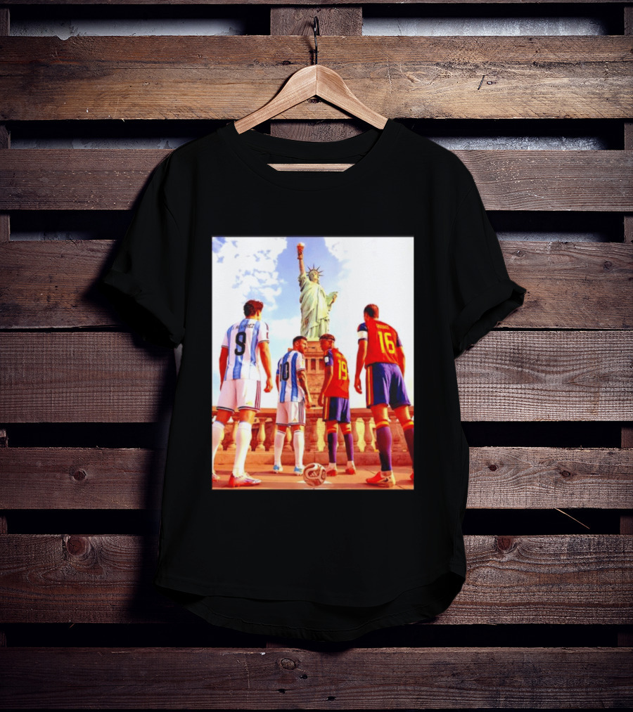 Lionel Messi J Alvarez Lamine Yamal Rodrigo Football Statue Of Liberty Argentina Spain Soccer T-Shirt
