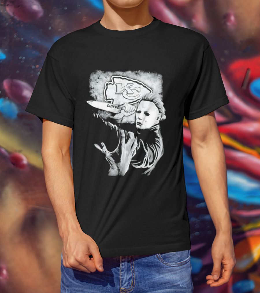 Michael Myers Holding Knife With KC Chiefs T-Shirt