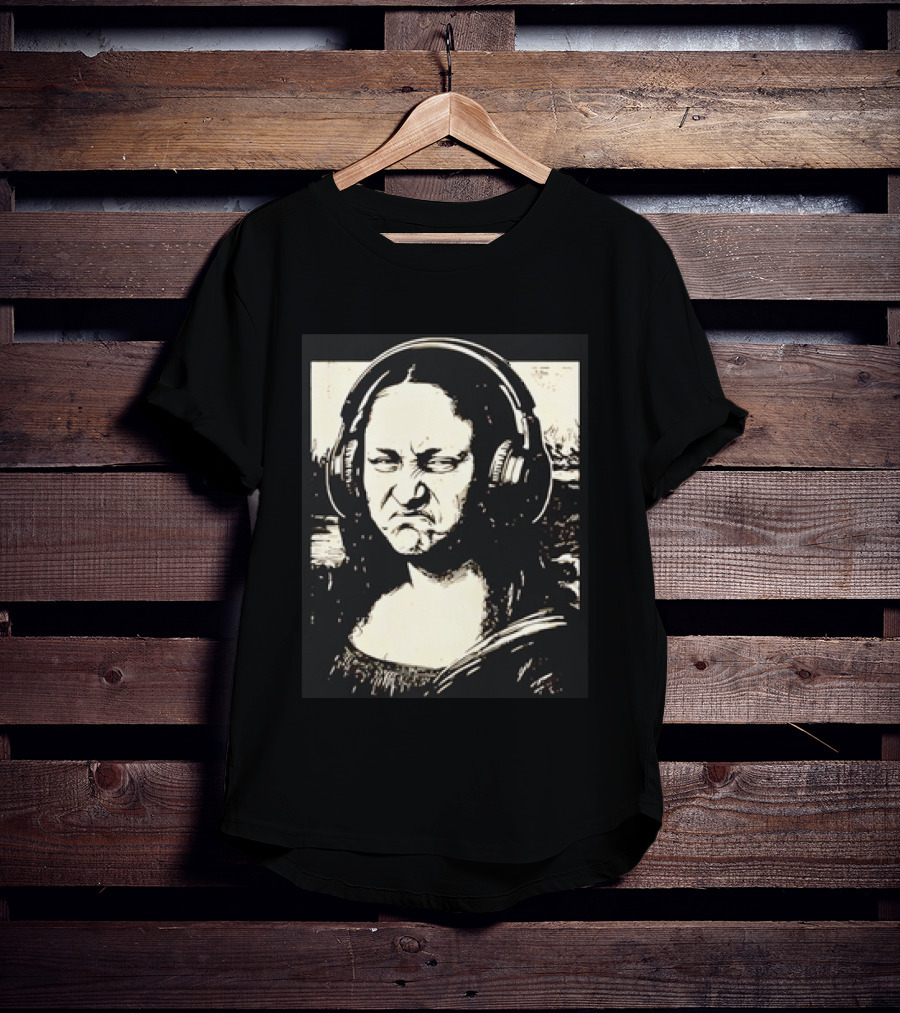 Mona Lisa Headphones Grumpy Expression Fusion T-Shirt