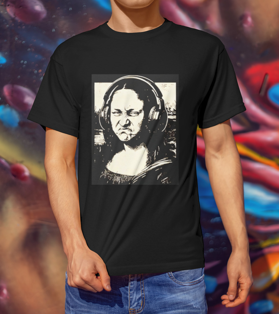 Mona Lisa Headphones Grumpy Expression Fusion T-Shirt