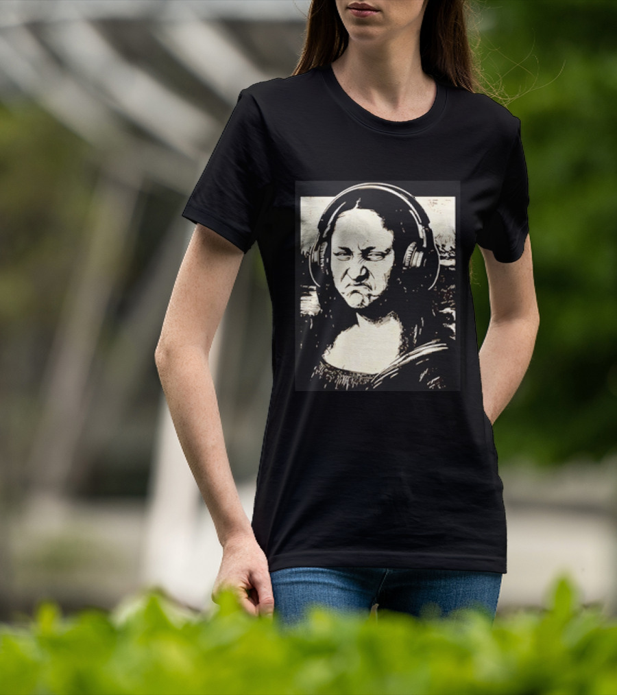 Mona Lisa Headphones Grumpy Expression Fusion T-Shirt