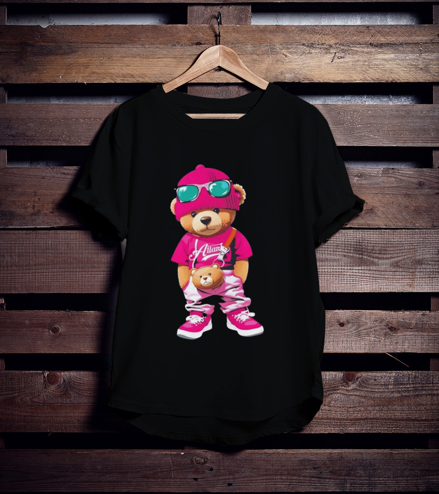Ailan Teddy Bear Stylish Streetwear Outfit Pink Beanie Sunglasses And Bear Bag T-Shirt