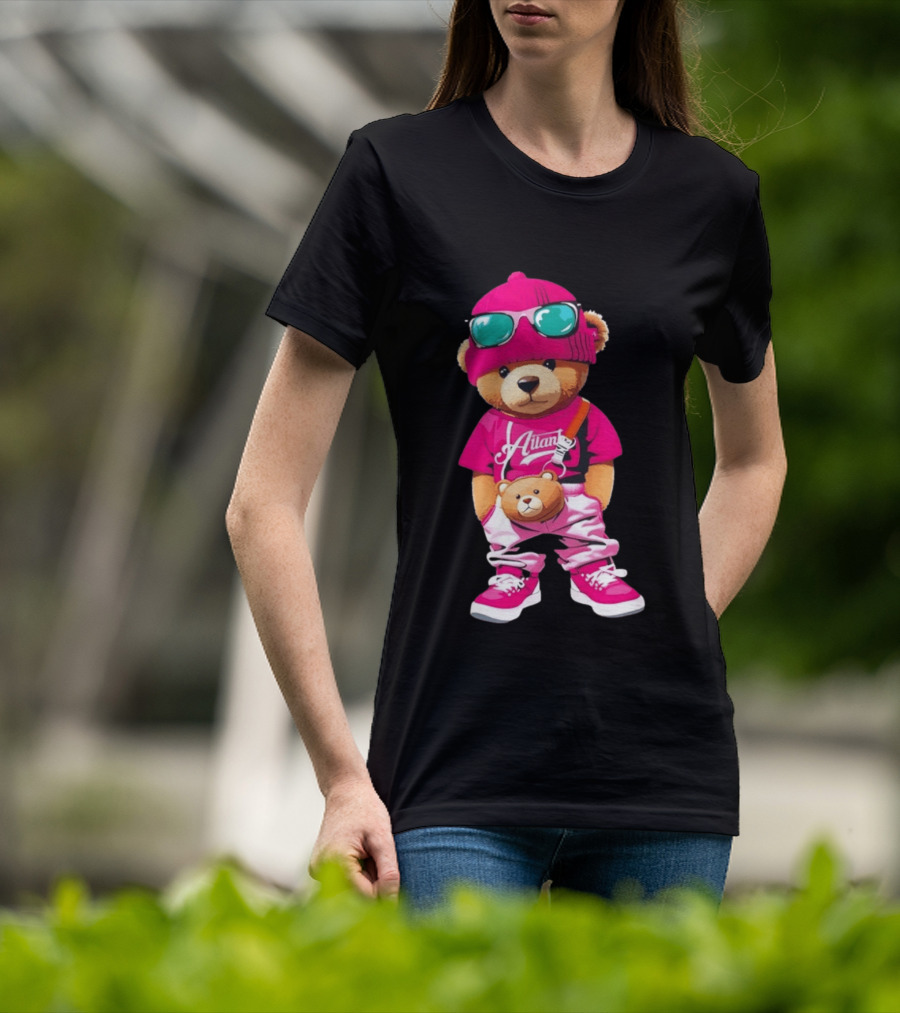 Ailan Teddy Bear Stylish Streetwear Outfit Pink Beanie Sunglasses And Bear Bag T-Shirt