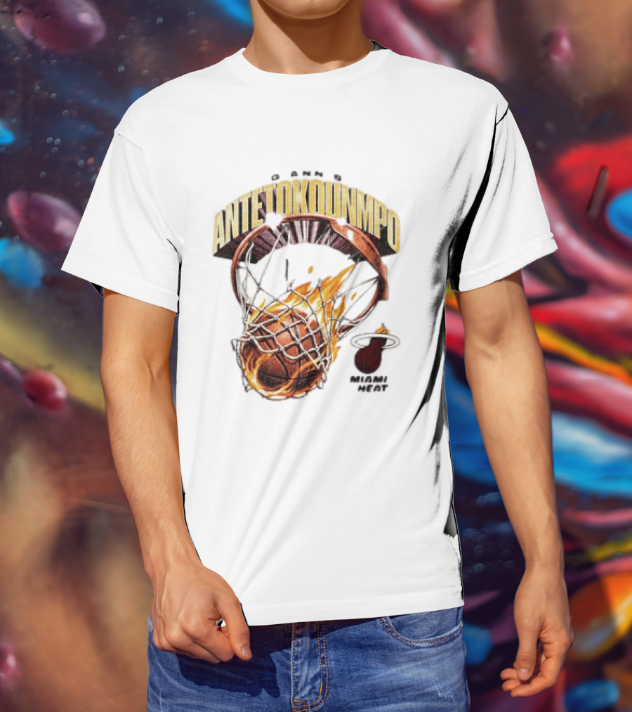 Giannis Antetokounmpo Miami Heat Basketball Hoop Fireball T-Shirt