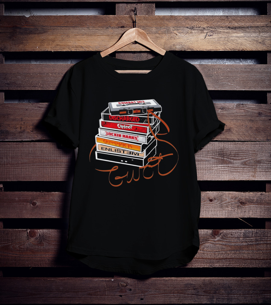 Combat Mix Discharged Clipknot Lockin Marks Gunsmack Enlist GWOT 3 Tours Down Music Cassette Stack T-Shirt