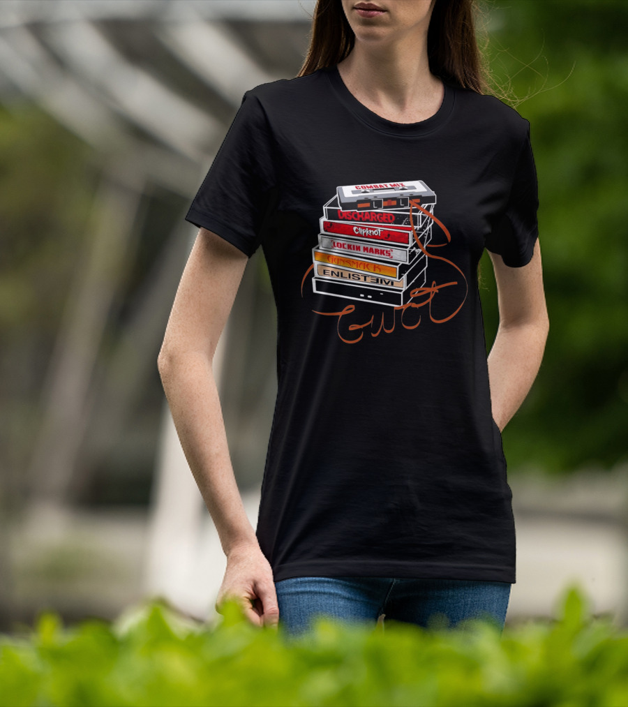 Combat Mix Discharged Clipknot Lockin Marks Gunsmack Enlist GWOT 3 Tours Down Music Cassette Stack T-Shirt