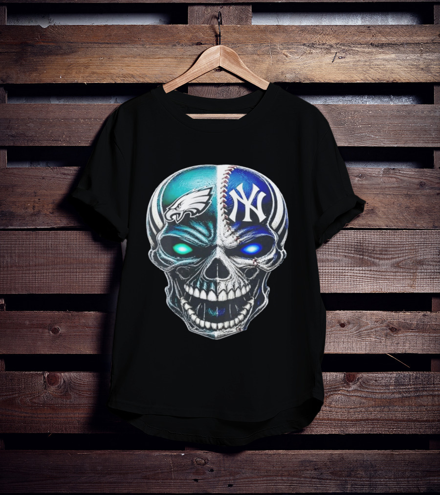 Philadelphia Eagles New York Yankees Skull Glow Eyes T-Shirt