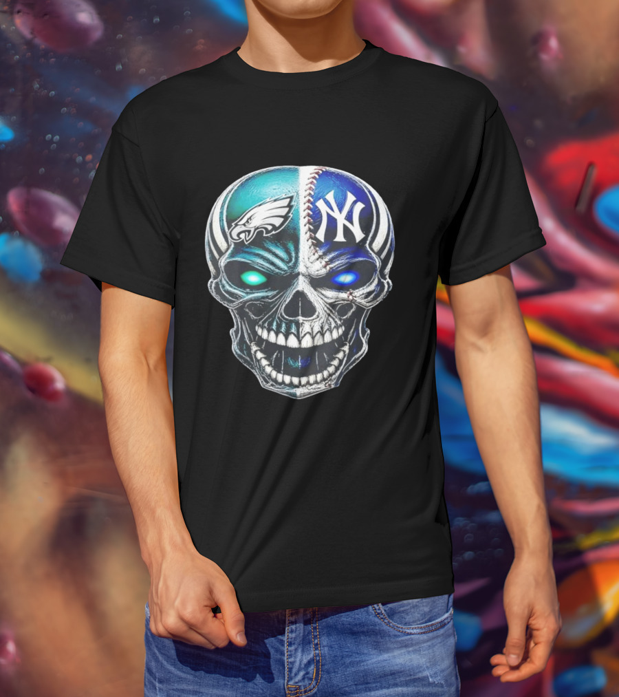 Philadelphia Eagles New York Yankees Skull Glow Eyes T-Shirt
