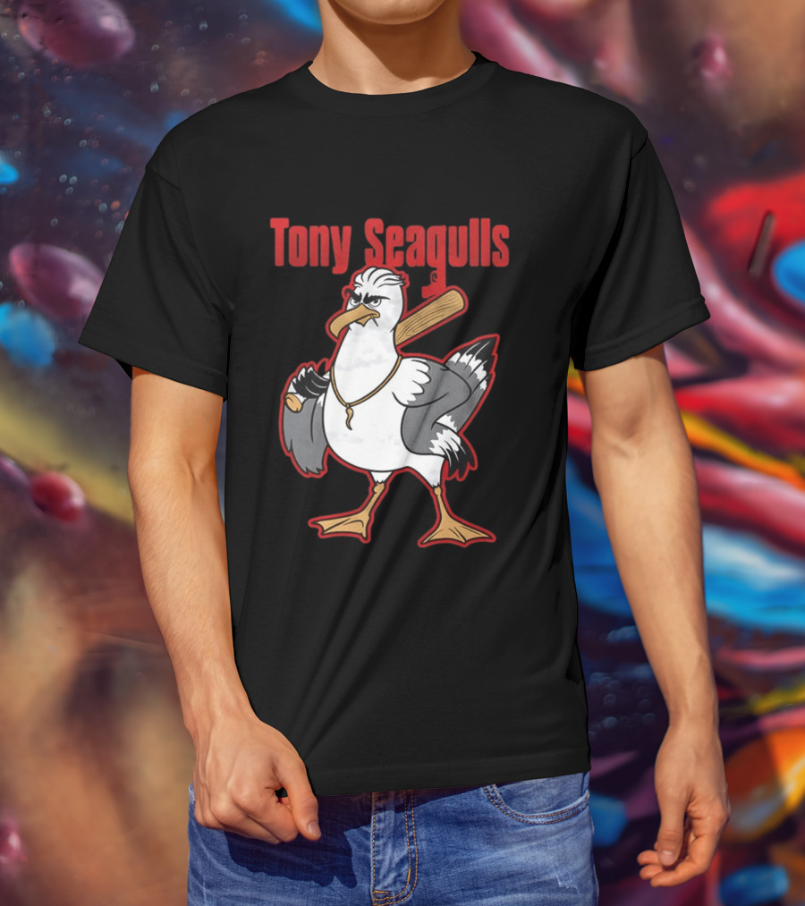 Tony Seagulls Baseball Cartoon Character With Bat T-Shirt