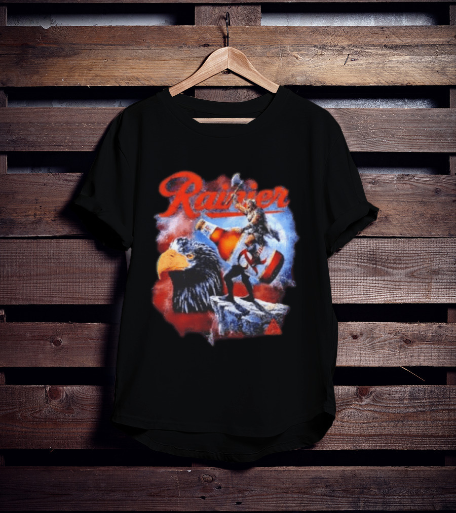 Rainier Beer Viking Holding Beer Riding Eagle On Rock T-Shirt