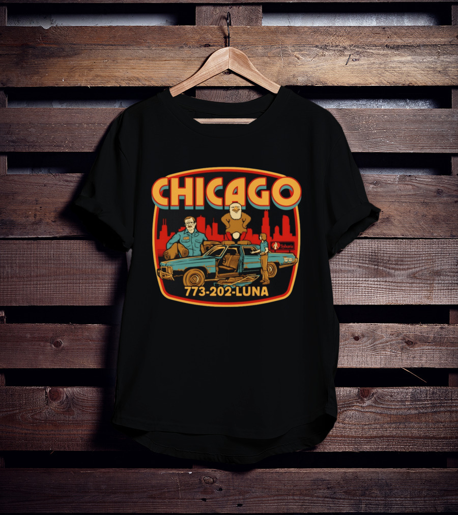 Chicago 773 202 Luna Sybaris Retro Car And Eagle Scene T-Shirt