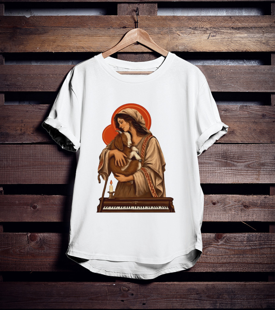 Woman Embracing Goat With Candle And Piano Halo T-Shirt