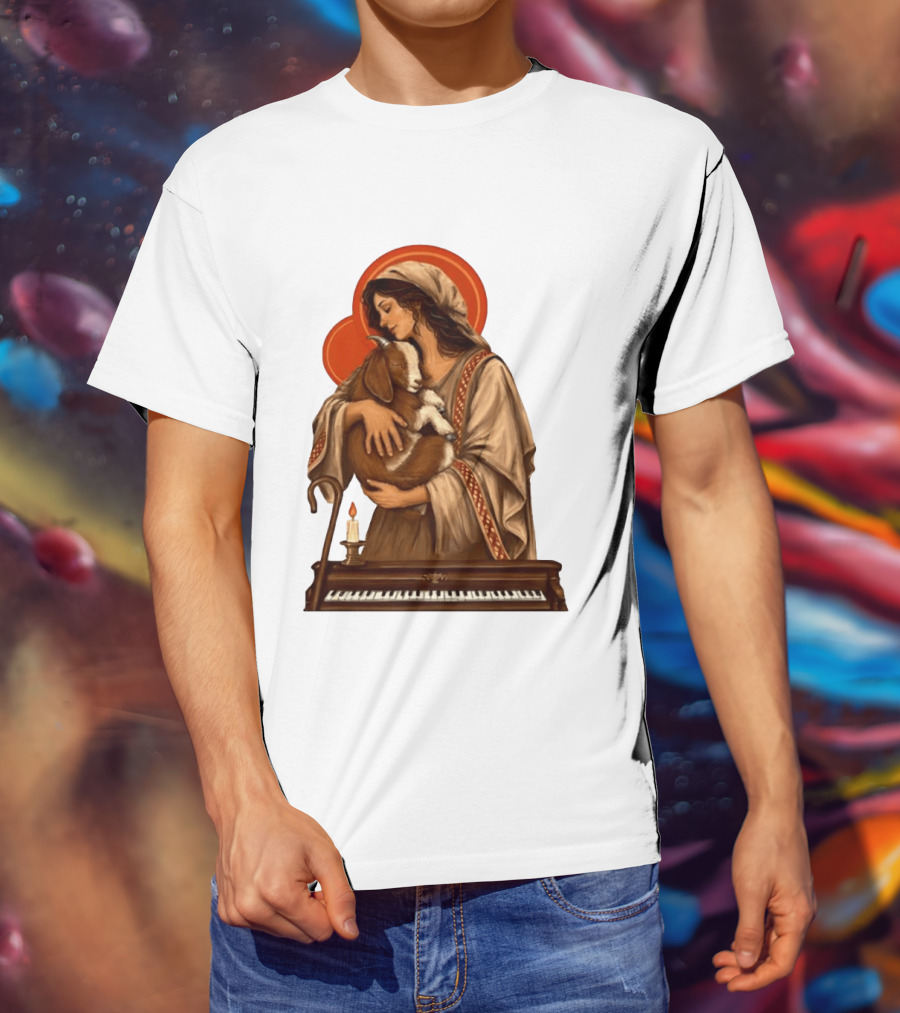 Woman Embracing Goat With Candle And Piano Halo T-Shirt