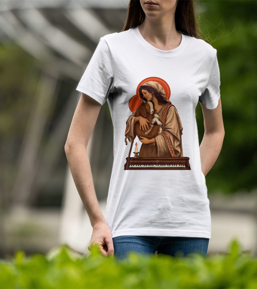 Woman Embracing Goat With Candle And Piano Halo T-Shirt