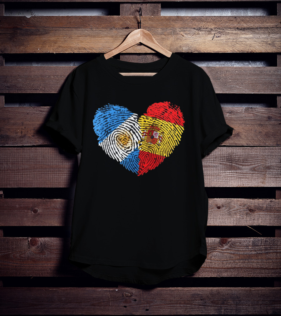 Half Spain Half Argentine Heart Fingerprints Flags Spain Argentina T-Shirt
