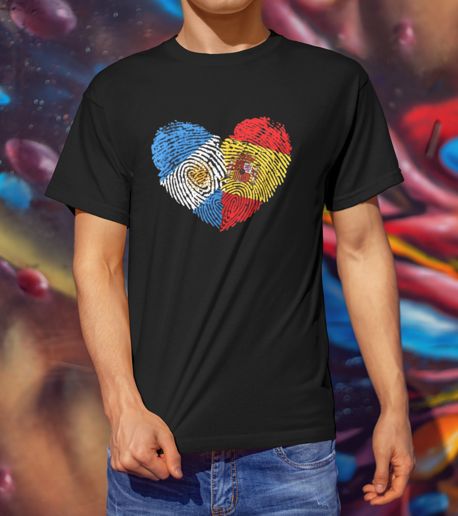 Half Spain Half Argentine Heart Fingerprints Flags Spain Argentina T-Shirt
