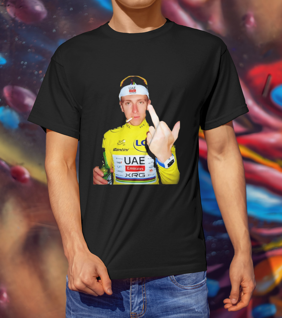 Tadej Pogačar Yellow Jersey Middle Finger Tour De France UAE Emirates LCL Santini T-Shirt